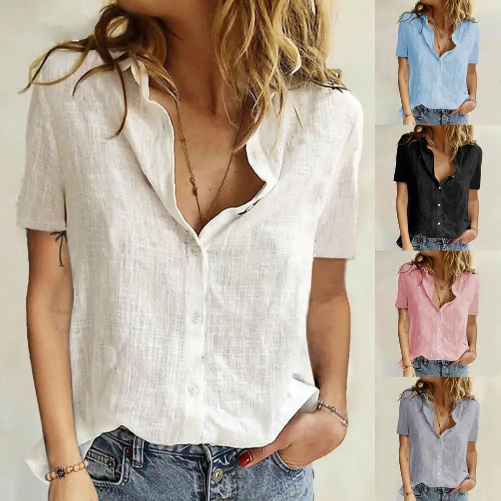 Women Shirt Solid Color Turn Down Collar Short Sleeve Single-breasted Blouse T-shirt for Office
Women Shirt Solid Color Turn Down Collar Short Sleeve Single-breasted Blouse T-shirt for Office