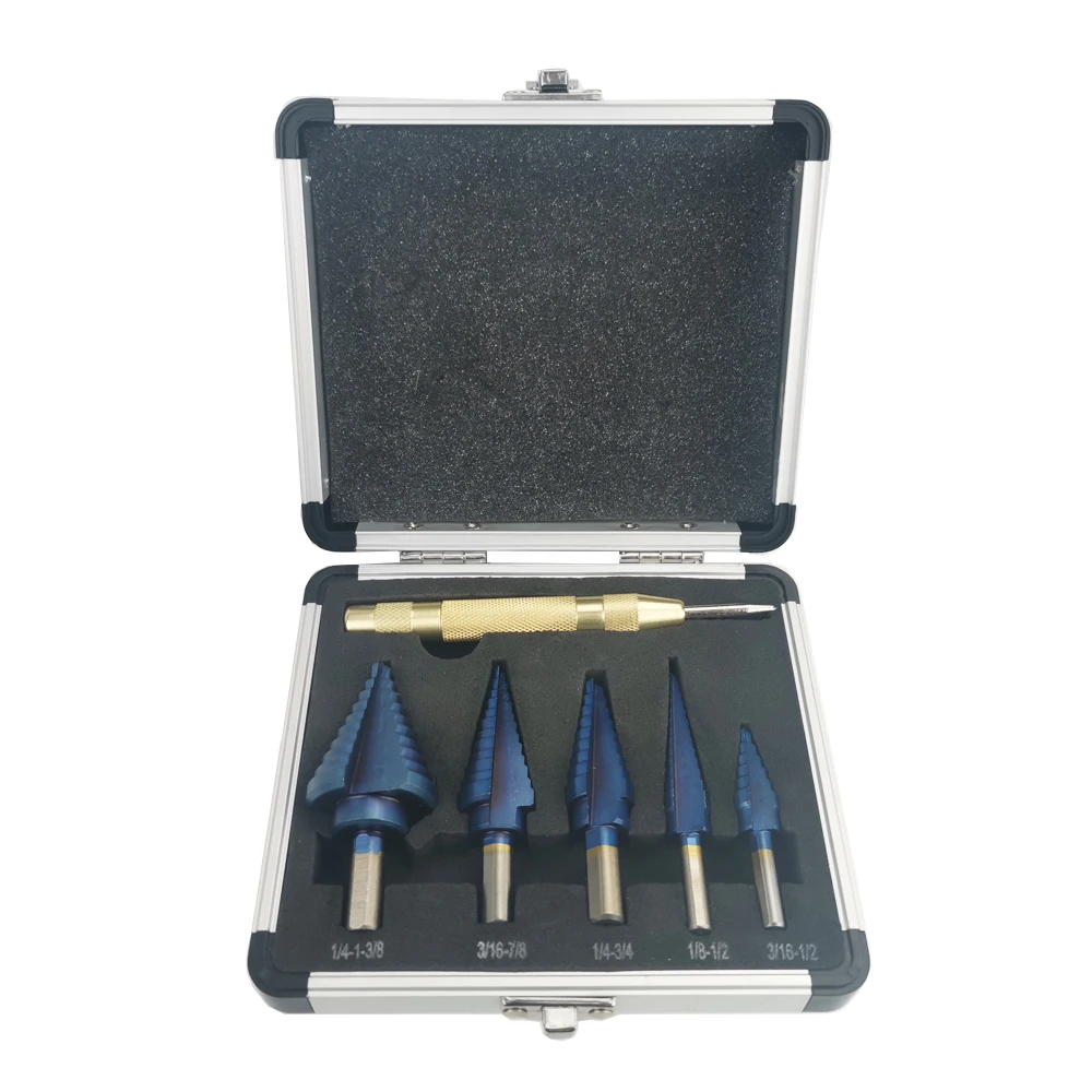 

ALLSOME 6Pcs HSS Nano Blue Coated Step Drill Bit With Center Punch Set Hole Cutter Drilling Tool HT2887