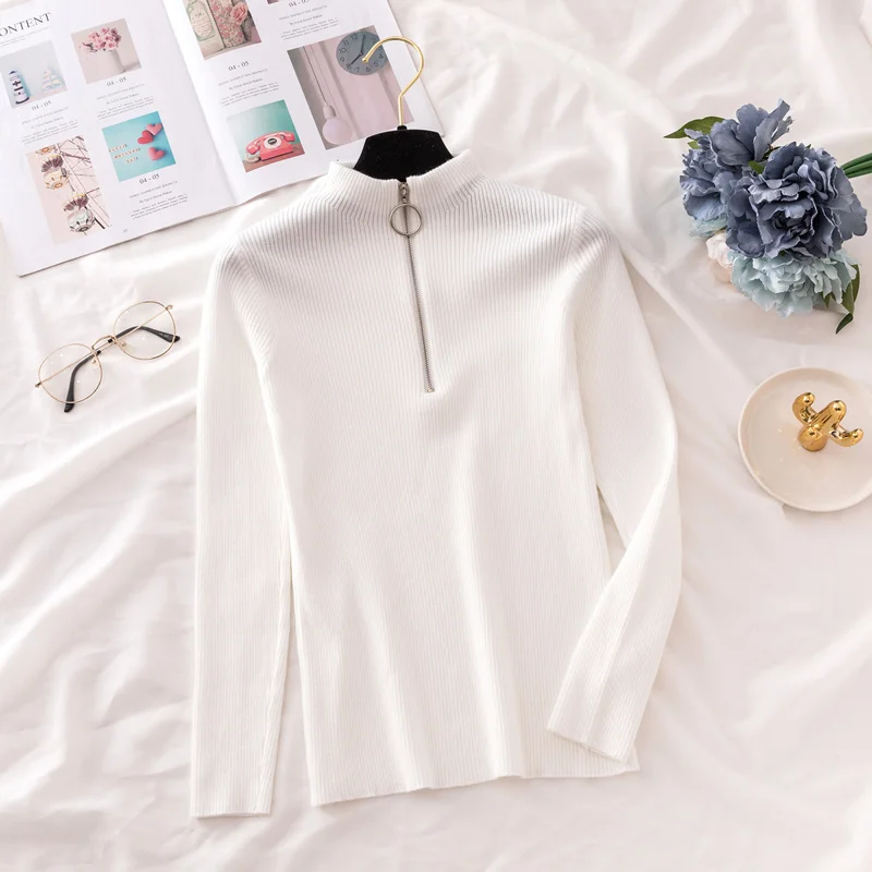 Women's sweater 2020 autumn and winter new sweater half high collar ring zipper fit long sleeve bottomed sweater
Women's sweater 2020 autumn and winter new sweater half high collar ring zipper fit long sleeve bottomed sweater