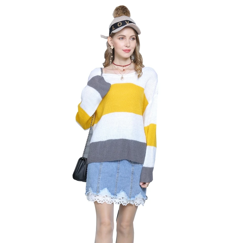 Women Long Flared Sleeves Knitted Sweater Loose Striped Stitching Pullover M5TE
Women Long Flared Sleeves Knitted Sweater Loose Striped Stitching Pullover M5TE