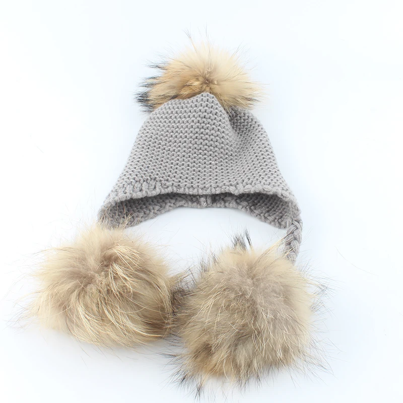 Детские вязаные шапки с помпоном из натурального меха зимние теплые для детей