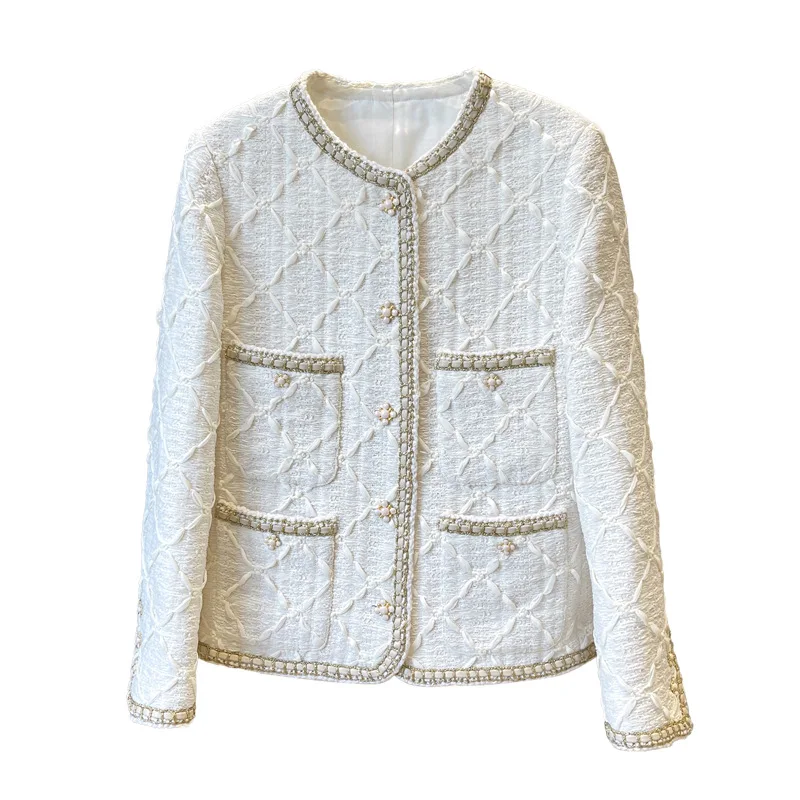 Runway Designer Tweed Jacket Women High Quality Ivory Plaid Coat with Gold Trim 2021 Elegant Round Neck Pockets Jackets Outwear
Runway Designer Tweed Jacket Women High Quality Ivory Plaid Coat with Gold Trim 2021 Elegant Round Neck Pockets Jackets Outwear