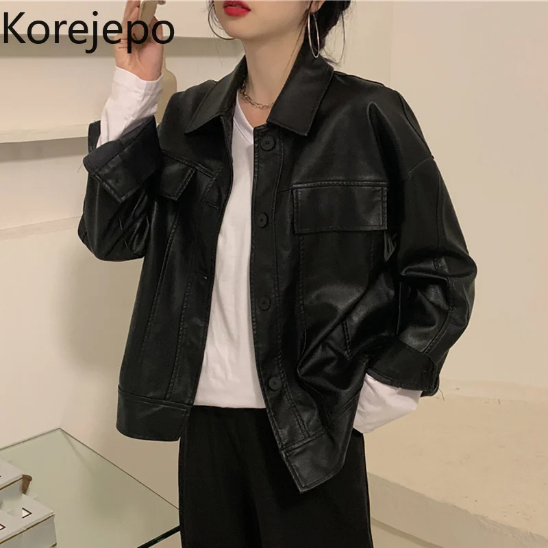 Korejepo Women PU Leather Jacket 2021 Autumn New Korean Version Loose Turn-down Collar Long-sleeved Leather Jacket Female Coat
Korejepo Women PU Leather Jacket 2021 Autumn New Korean Version Loose Turn-down Collar Long-sleeved Leather Jacket Female Coat