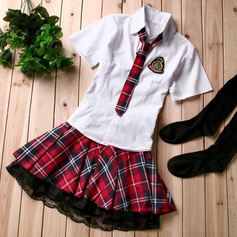 

S-XXL Women Uniform Skirt Red Plaid Plus Size High Quality Preppy style Lace Hem With Lining Elastic Waist Student Girl Bottoms