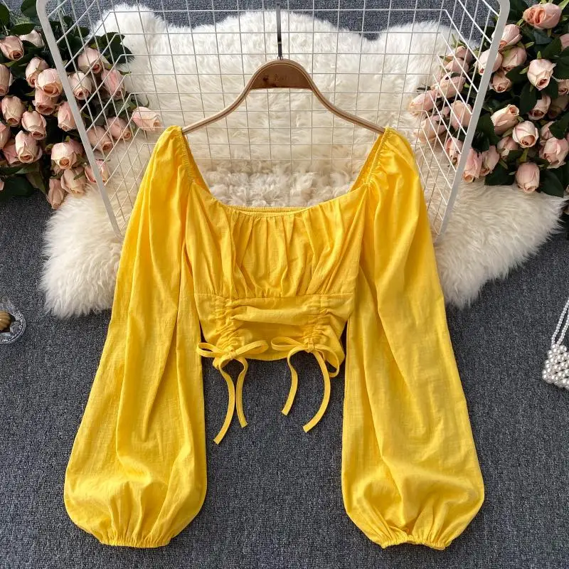 

Hong Kong Style Girl Lantern Sleeve Early Autumn New Fashion Exposed Clavicle Square Collar Short Pleated Long-sleeved