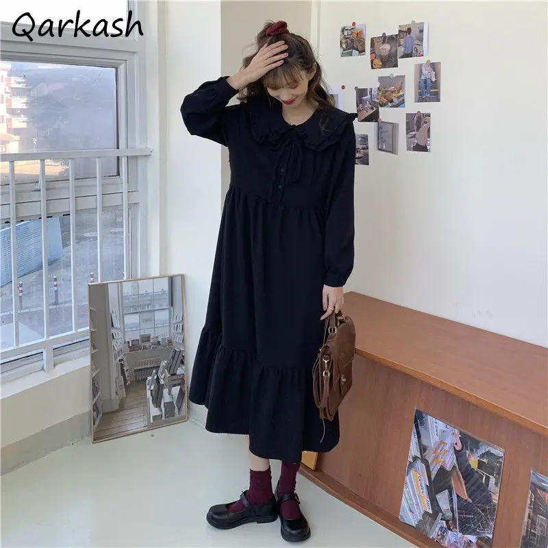 Dress Women Birthday Dresses for Lady Vintage Preppy College Black BF Party Ruffles Design Peter Pan Collar A-LINE Autumn Solid
Dress Women Birthday Dresses for Lady Vintage Preppy College Black BF Party Ruffles Design Peter Pan Collar A-LINE Autumn Solid