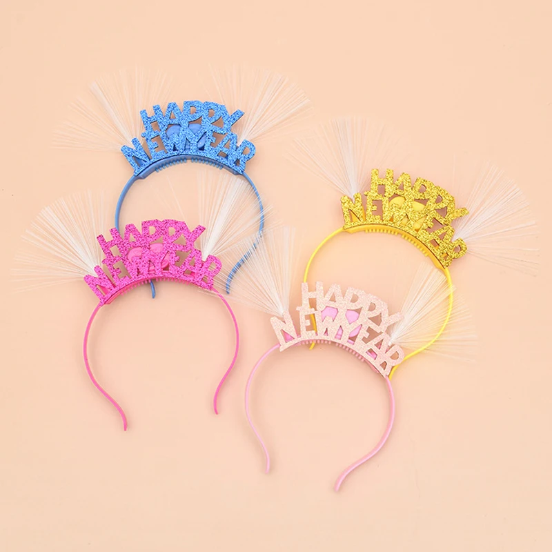 

Women Girls Lovely LED Fiber Optic Ear Hair Hoop Glitter Happy New Year Letters Applique Flashing Light Headband Christmas Party