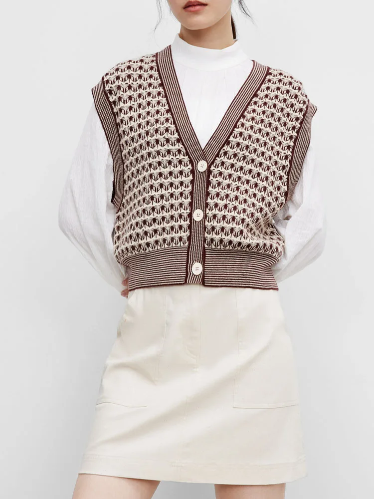 Женский вязаный свитер без рукавов, короткий кардиган в литературном ретро-стиле с геометрическим узором и V-образным вырезом, осень 2021
Женский вязаный свитер без рукавов, короткий кардиган в литературном ретро-стиле с геометрическим узором и V-образным вырезом, осень 2021