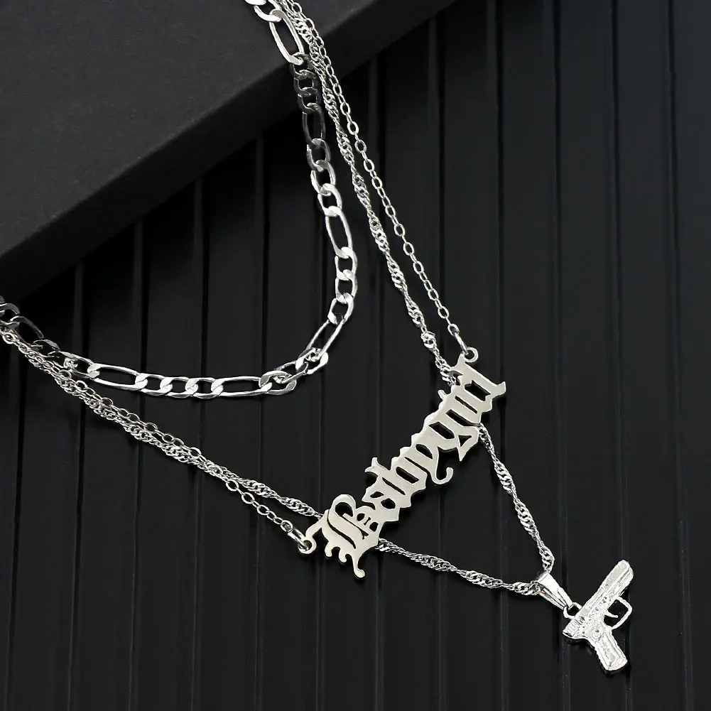 

Silver Color Multilayered Babygirl Letter Gun Pendant Necklace for Women Punk Pistol Figaro Chain Chokers Gothic Fashion Jewelry