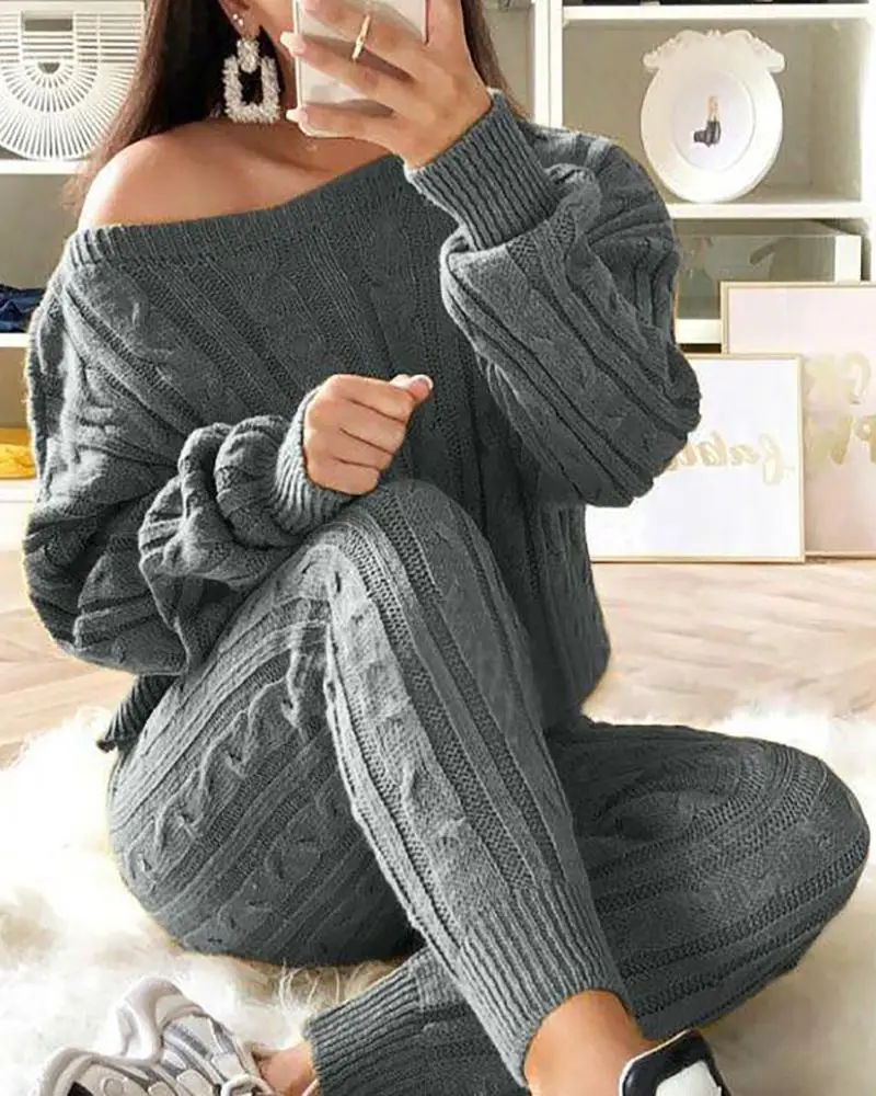 2020 Women Fashion Warm Winter Knit Elegant Skew Neck Long Sleeve Solid Ribbed Knitting Casual Sweater & Pants Sets Leisurewear
2020 Women Fashion Warm Winter Knit Elegant Skew Neck Long Sleeve Solid Ribbed Knitting Casual Sweater & Pants Sets Leisurewear