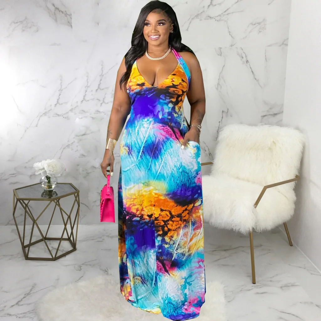 Women's Dress Sexy Tie Dyeing Print Sleeveless Floor Length Dresses Vintage Halter Neck Backless Side Pockets Bohemian Robe 
Women's Dress Sexy Tie Dyeing Print Sleeveless Floor Length Dresses Vintage Halter Neck Backless Side Pockets Bohemian Robe
