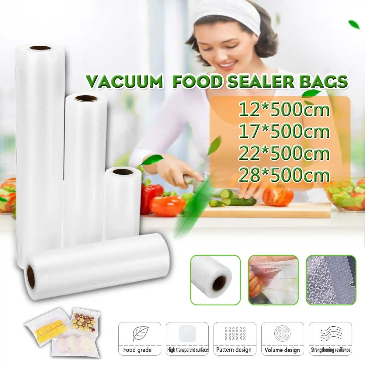 12/17/22/28cm x 500cm Rolls Food Vacuum Bag Seal for Vacuum Sealer Packaging Rolls Storage Bags Keep Food Fresh
12/17/22/28cm x 500cm Rolls Food Vacuum Bag Seal for Vacuum Sealer Packaging Rolls Storage Bags Keep Food Fresh