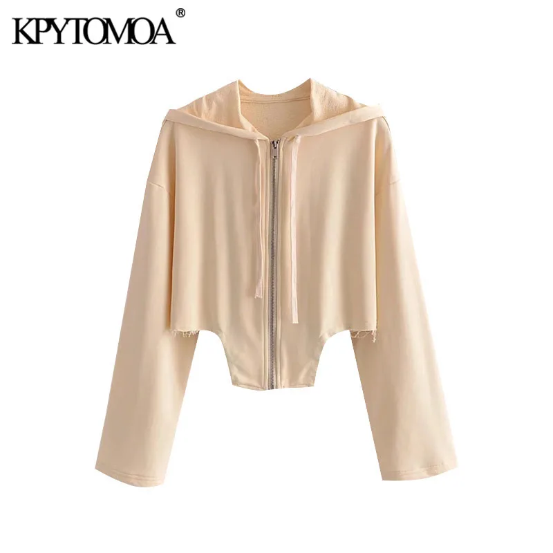 

KPYTOMOA Women 2021 Fashion Frayed Hem Asymmetric Hooded Sweatshirts Vintage Long Sleeve Zip-up Female Outerwear Chic Tops