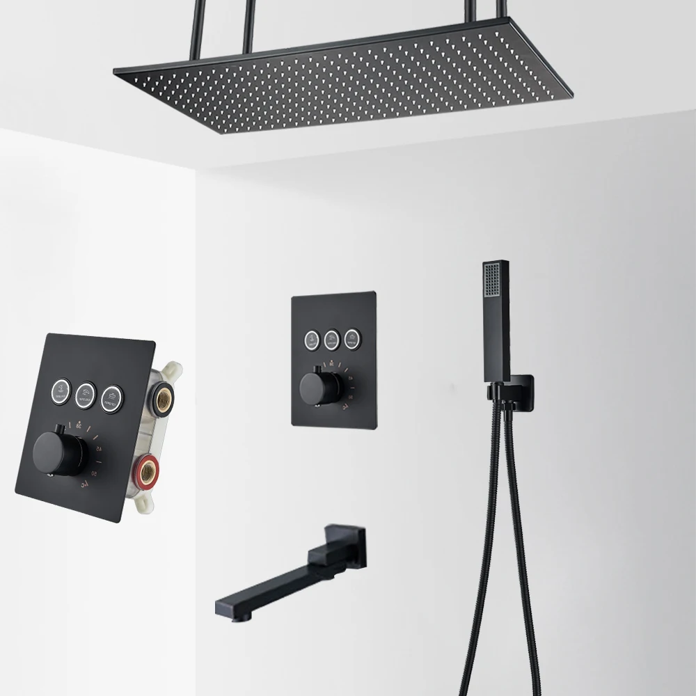 Big Black Thermostatic Bathroom Shower Faucet Set Rain Waterfall Bathtub Shower System Mixer Tap Ceiling Mounted Button Faucet 
Big Black Thermostatic Bathroom Shower Faucet Set Rain Waterfall Bathtub Shower System Mixer Tap Ceiling Mounted Button Faucet