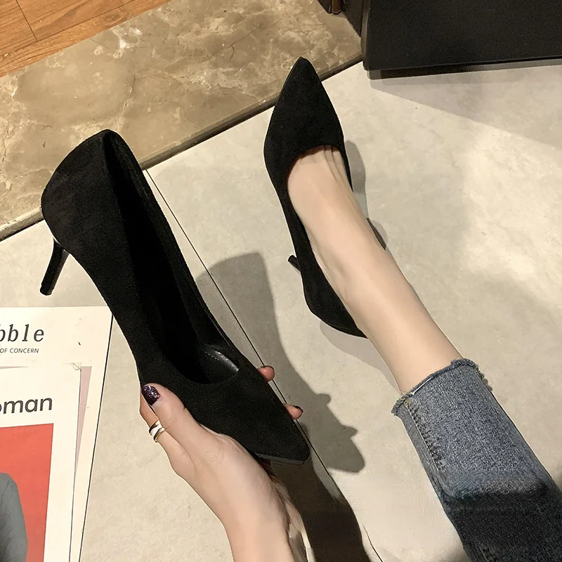 

Женские туфли на высоком каблуке, осень 2021, черные туфли на шпильке с острым носком и закрытым носком, рабочая женская обувь из матовой ткани
