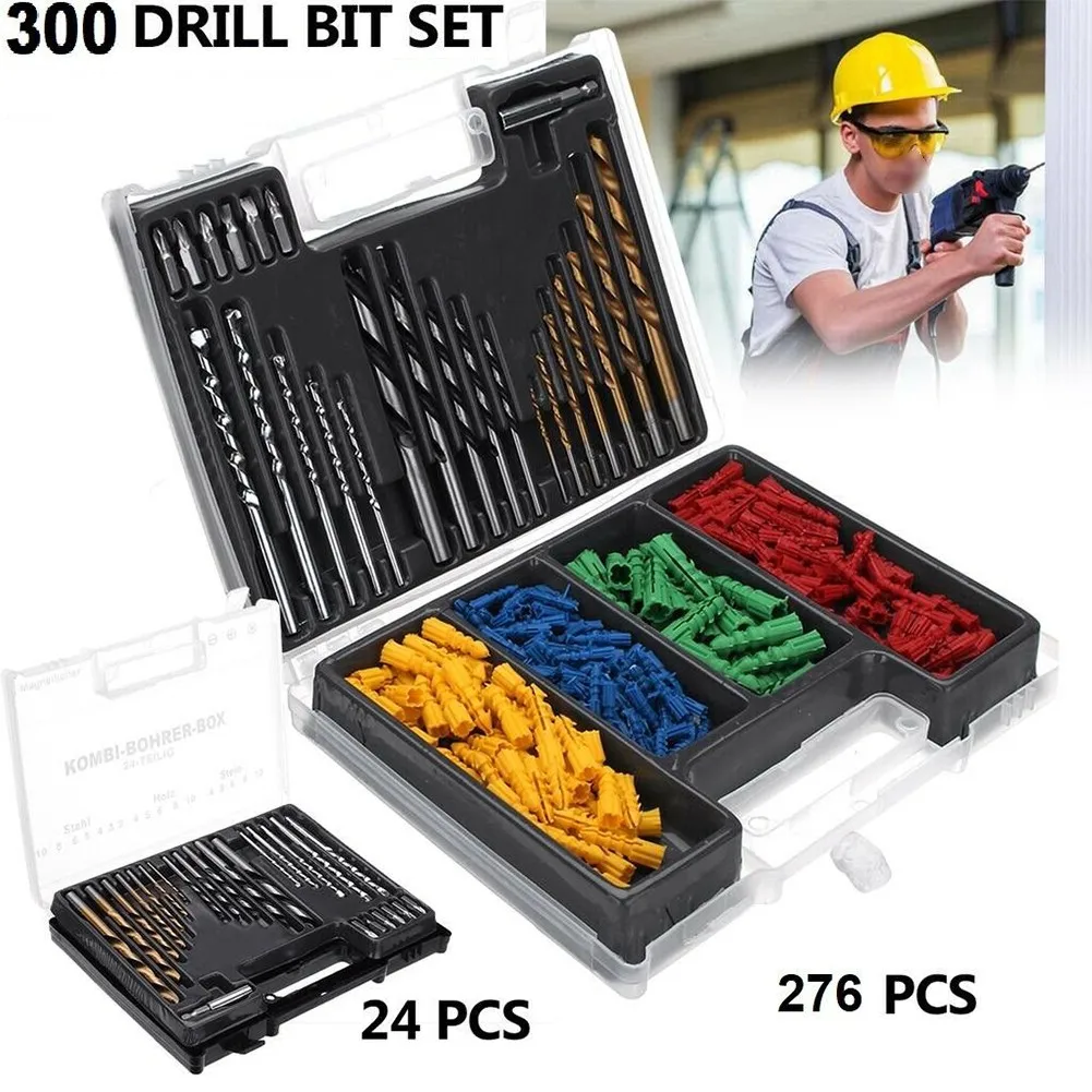 Drill Bits Wall Plug Set 300Pc Multi Surface Bit Masonary Wood Metal Material Drill Expansion Screw Household Plastic Box
Drill Bits Wall Plug Set 300Pc Multi Surface Bit Masonary Wood Metal Material Drill Expansion Screw Household Plastic Box