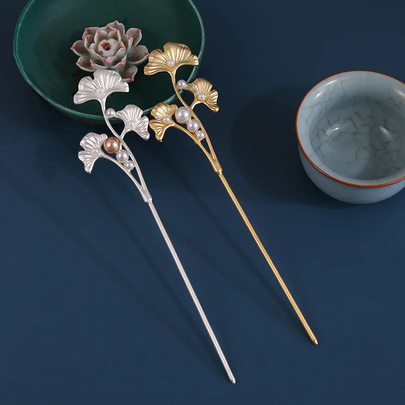 

Vintage Chinese Style Hanfu Hair Stick Women Alloy Pearl Ginkgo Leaves Hair Chopsticks Hairpin Jewelry Hair Clip Accessories