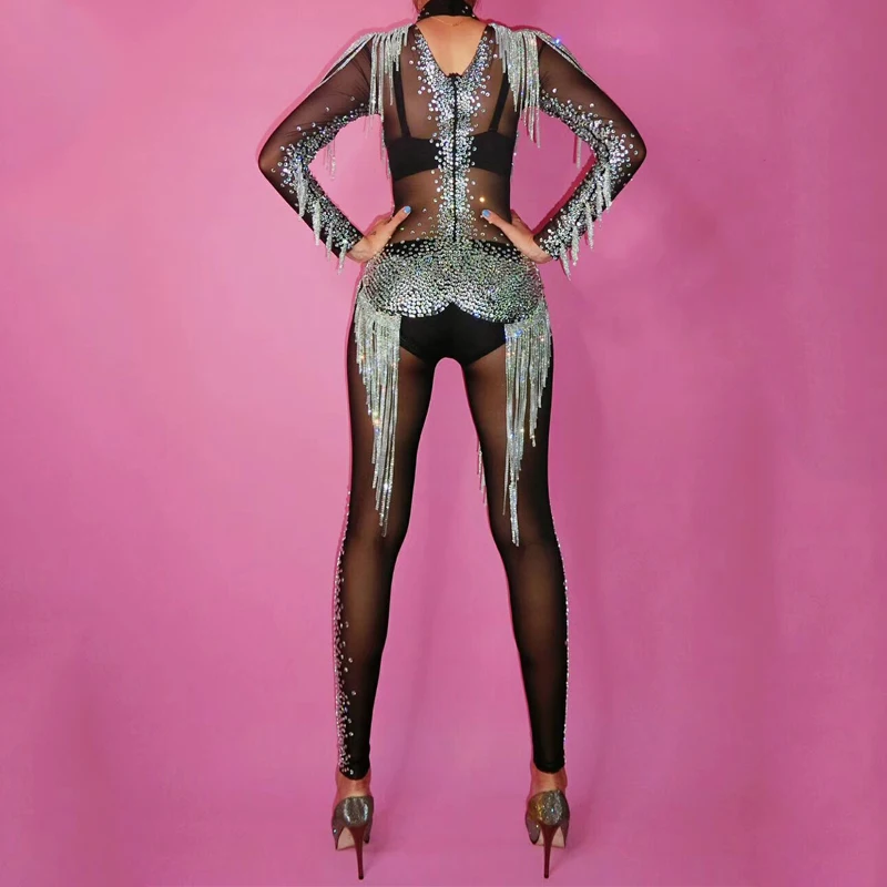 Bright Silver Rhinestones Tassel Jumpsuit Crystals Black Mesh Bodysuit Women Celebrate Costume Female Nightclub Bar Outfit
Bright Silver Rhinestones Tassel Jumpsuit Crystals Black Mesh Bodysuit Women Celebrate Costume Female Nightclub Bar Outfit