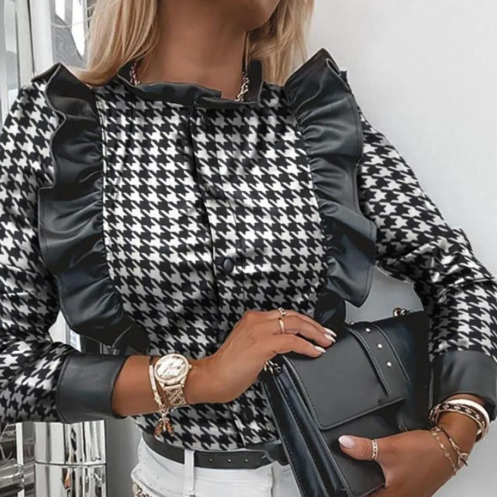 Black PU Leather Ruffle Shirts Women Autumn Formal Capable Able Female Lapel Long Sleeves Buttoned Blouse Tops 2021
Black PU Leather Ruffle Shirts Women Autumn Formal Capable Able Female Lapel Long Sleeves Buttoned Blouse Tops 2021