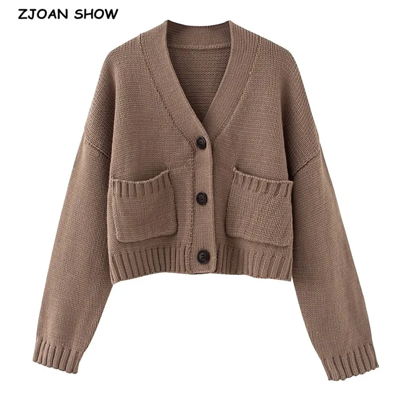 2021 Autumn Retro Coffee V neck Knitted Cardigan Women Double Pockets Center Buttons Long sleeve Cropped Sweater Vintage Jumper
2021 Autumn Retro Coffee V neck Knitted Cardigan Women Double Pockets Center Buttons Long sleeve Cropped Sweater Vintage Jumper