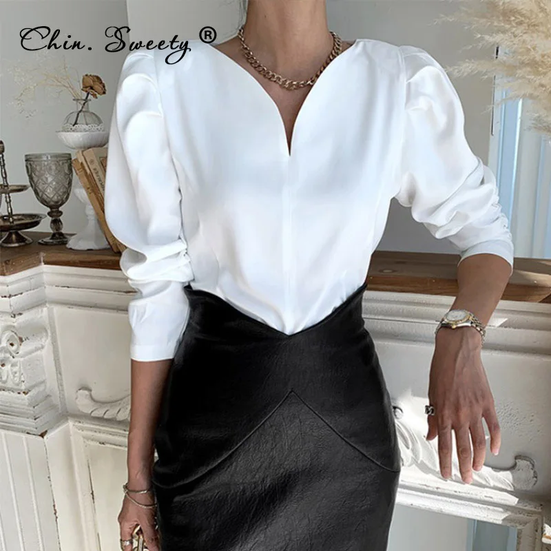 Women's Puff Sleeve V-Neck Blouse White Black Office Ladies Blouses Long Sleeve Elegant Stand Collar Female Tops 2021 Spring
Women's Puff Sleeve V-Neck Blouse White Black Office Ladies Blouses Long Sleeve Elegant Stand Collar Female Tops 2021 Spring