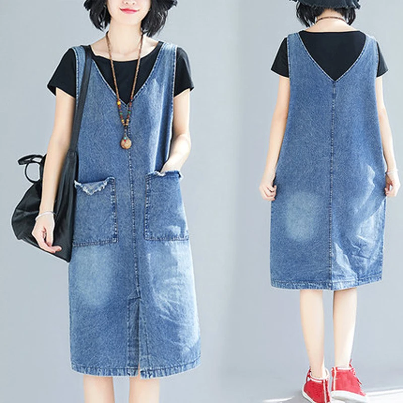 Summer Women Loose Denim Sundress Casual V-Neck Sleeveless Split Midi Dress Female Vintage Pockets Large Size Blue Jeans Dresses
Summer Women Loose Denim Sundress Casual V-Neck Sleeveless Split Midi Dress Female Vintage Pockets Large Size Blue Jeans Dresses