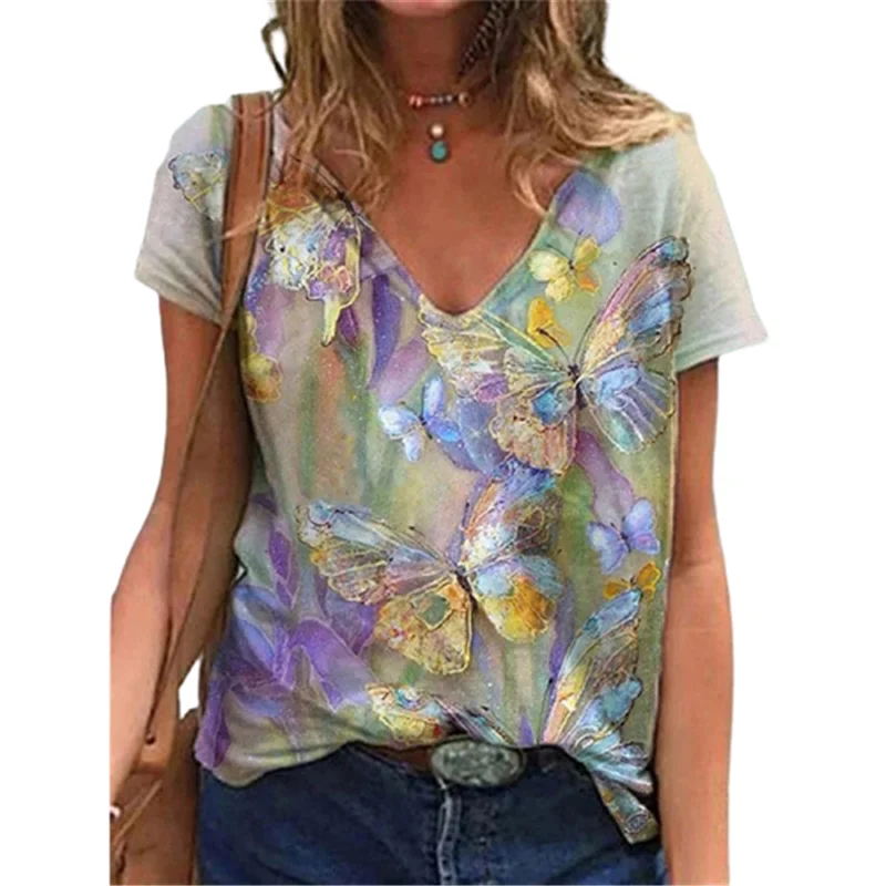 New Fashion Ladies Cartoons Butterfly Print T Shirt Short Sleeve V-neck Women Tops Casual Summer Pullovers Loose Shirts Femme 
New Fashion Ladies Cartoons Butterfly Print T Shirt Short Sleeve V-neck Women Tops Casual Summer Pullovers Loose Shirts Femme