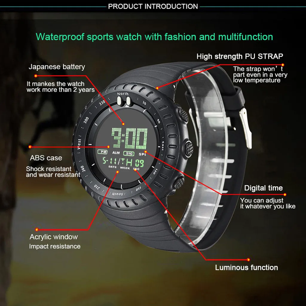 Sport men digital wristwatches LED Display Digital Calendar Watch for Men Electronic Outdoor Multifunction Watches montre homme
Sport men digital wristwatches LED Display Digital Calendar Watch for Men Electronic Outdoor Multifunction Watches montre homme