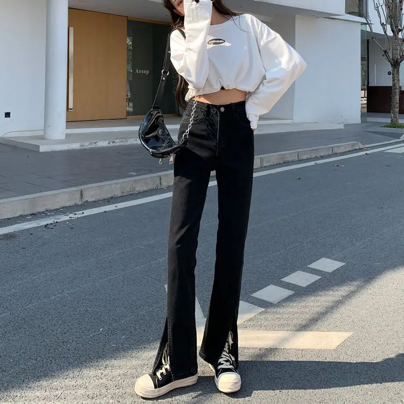High waist black split jeans women's loose wide leg floor pants fat mm large size slim spring split micro RA pants
High waist black split jeans women's loose wide leg floor pants fat mm large size slim spring split micro RA pants