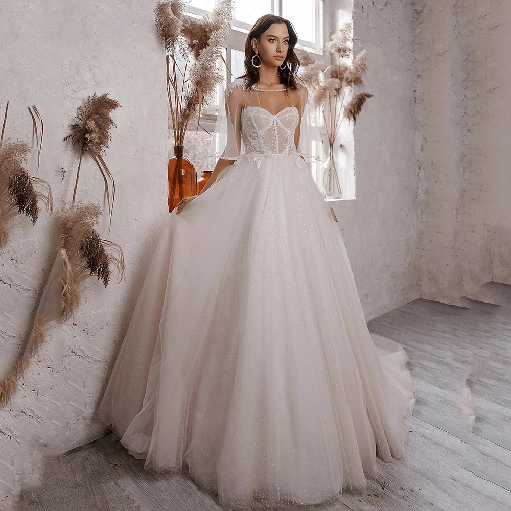 ANNA-BEAUTY Store Elegant Glitter Tulle Sweetheart Lace Appliques With Beading Jacket A Line Bridal Wedding Dresses For Women
ANNA-BEAUTY Store Elegant Glitter Tulle Sweetheart Lace Appliques With Beading Jacket A Line Bridal Wedding Dresses For Women