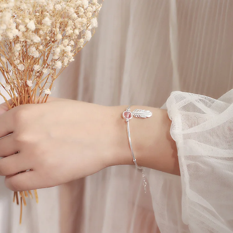 925 Sterling Silver Round Bead Feather Charm Bracelet & Bangles Link Chain Adjustable Braclets For Women Wedding Jewelry