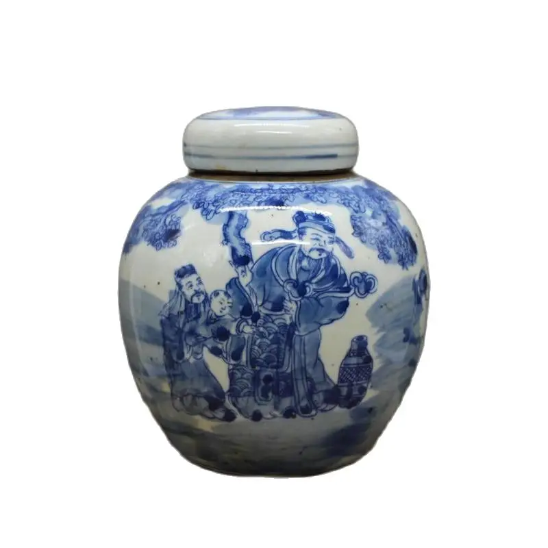 Porcelain collection of three star tea jar with blue and white figures made in Kangxi year of old Qing Dynasty in Beijing 
Porcelain collection of three star tea jar with blue and white figures made in Kangxi year of old Qing Dynasty in Beijing