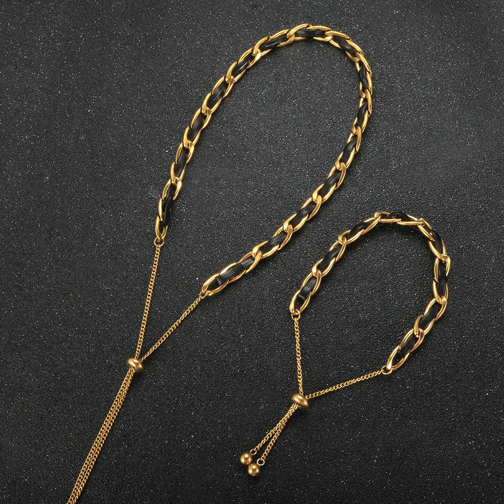 Fashion Stainless Steel Black Leather Necklace Adjustabale Leather Bracelet For Woman Tassel Choker Luxury Brand Jewelry Set 
Fashion Stainless Steel Black Leather Necklace Adjustabale Leather Bracelet For Woman Tassel Choker Luxury Brand Jewelry Set