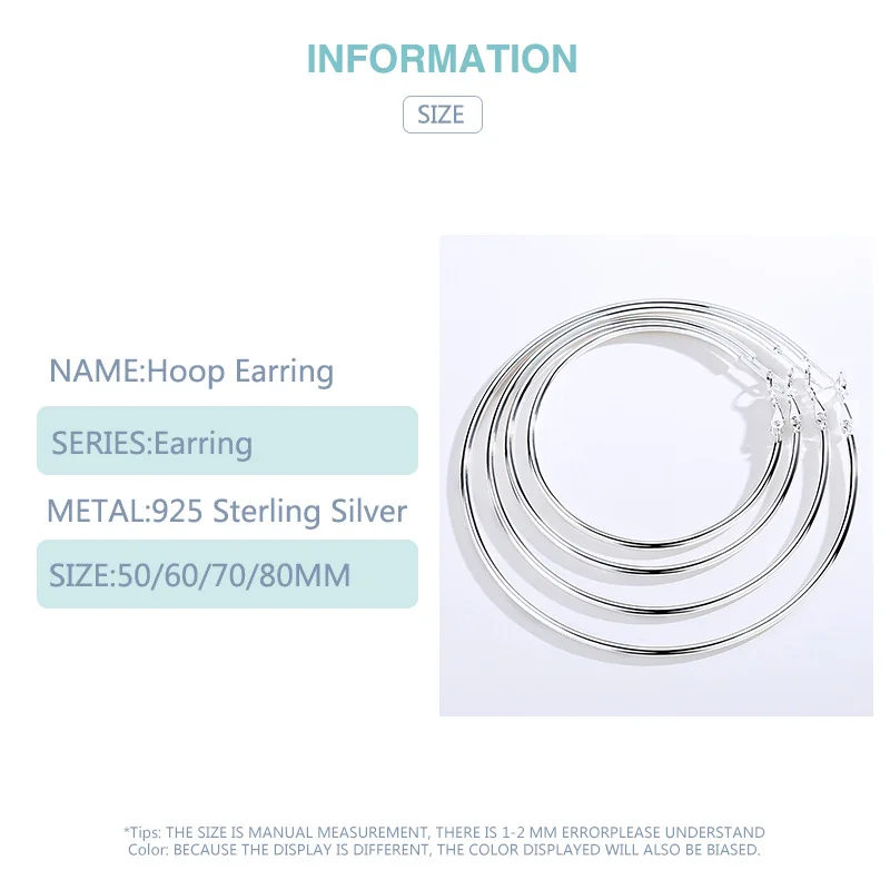 AGLOVER New 925 Sterling Silver 50mm 60mm 70mm 80mm Earring Ring For Female Wedding Jewelry Gift
AGLOVER New 925 Sterling Silver 50mm 60mm 70mm 80mm Earring Ring For Female Wedding Jewelry Gift