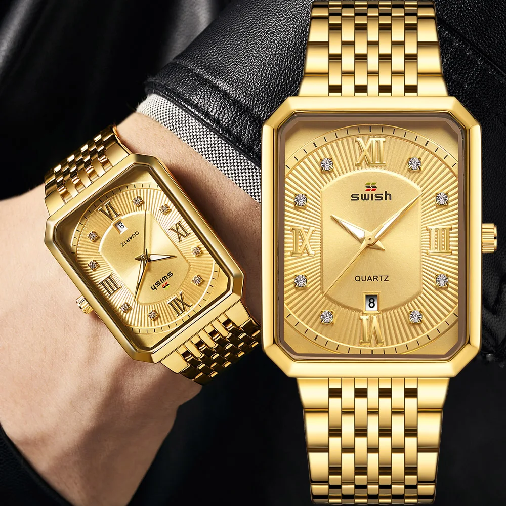 Часы наручные мужские кварцевые роскошные золотистые брендовые дизайнерские