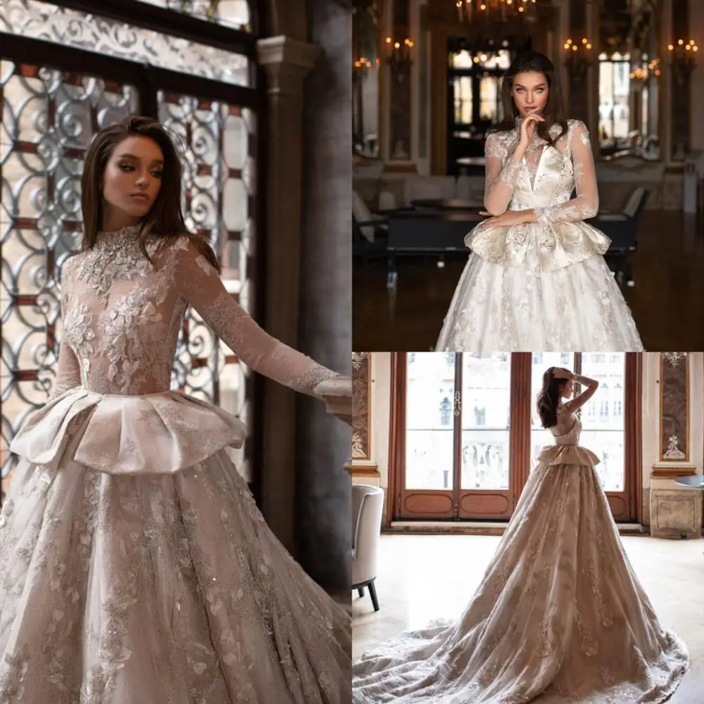 High Neck Vintage Wedding Dresses Sheer Long Sleeves Lace Bridal Gowns with Peplum Plus Size Vestidos de novia Wedding Dress
High Neck Vintage Wedding Dresses Sheer Long Sleeves Lace Bridal Gowns with Peplum Plus Size Vestidos de novia Wedding Dress