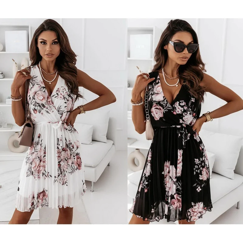 Ladies Summer sleeveless dress Fashion printing Thin belt Pleated dress office temperament Casual dresses for women 2021
Ladies Summer sleeveless dress Fashion printing Thin belt Pleated dress office temperament Casual dresses for women 2021