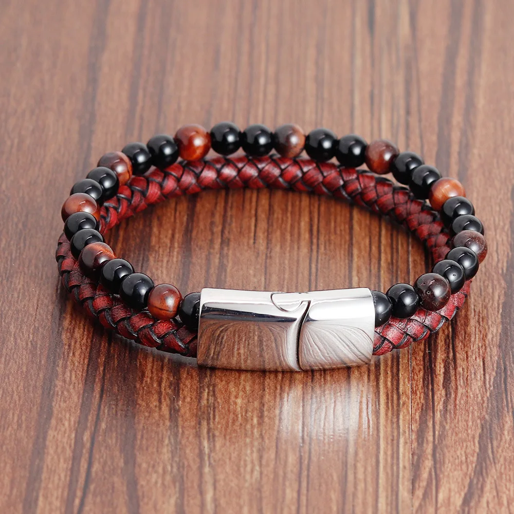 Natural Gemstone Tiger Eye Stone Stainless Steel Clasp Red Genuine Leather Bracelet For Men
Natural Gemstone Tiger Eye Stone Stainless Steel Clasp Red Genuine Leather Bracelet For Men