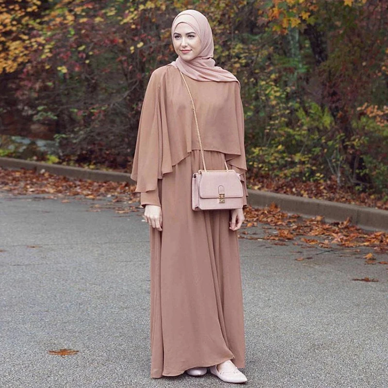 Фото Мусульманский хиджаб длинное платье однотонная Мантия с оборками Женский