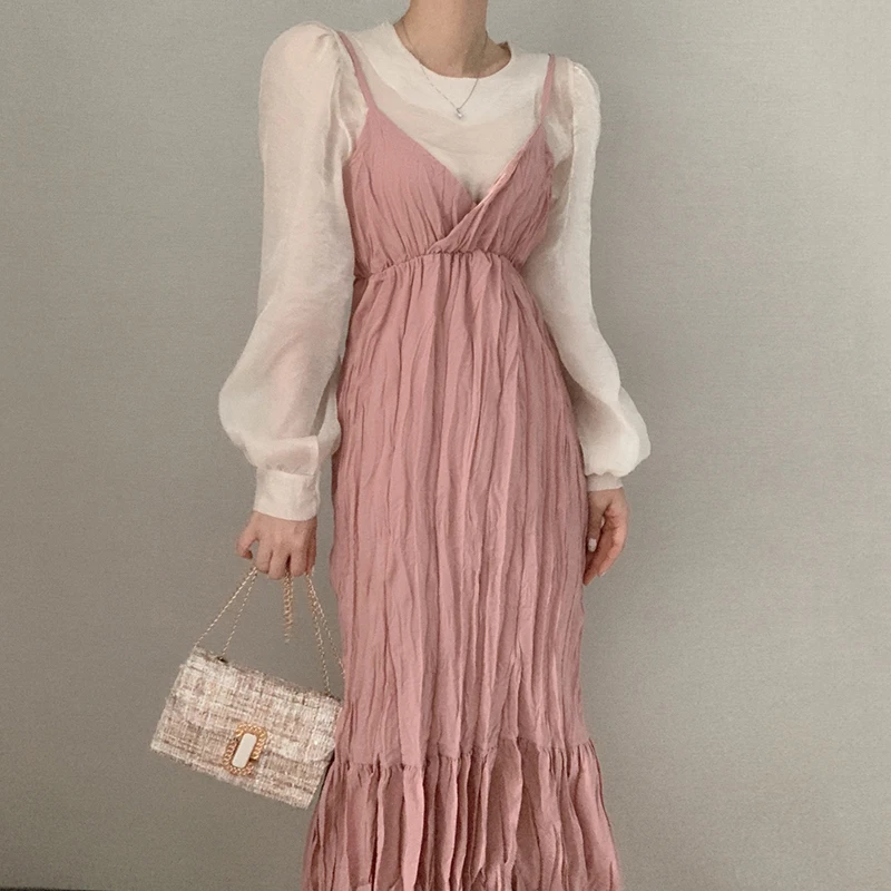 2021 Spring Crew Neck Slightly Transparent Puff Sleeve Shirts Female Elegant Pink Pleated Mid-Calf Suspender Dress 2 pieces set
2021 Spring Crew Neck Slightly Transparent Puff Sleeve Shirts Female Elegant Pink Pleated Mid-Calf Suspender Dress 2 pieces set