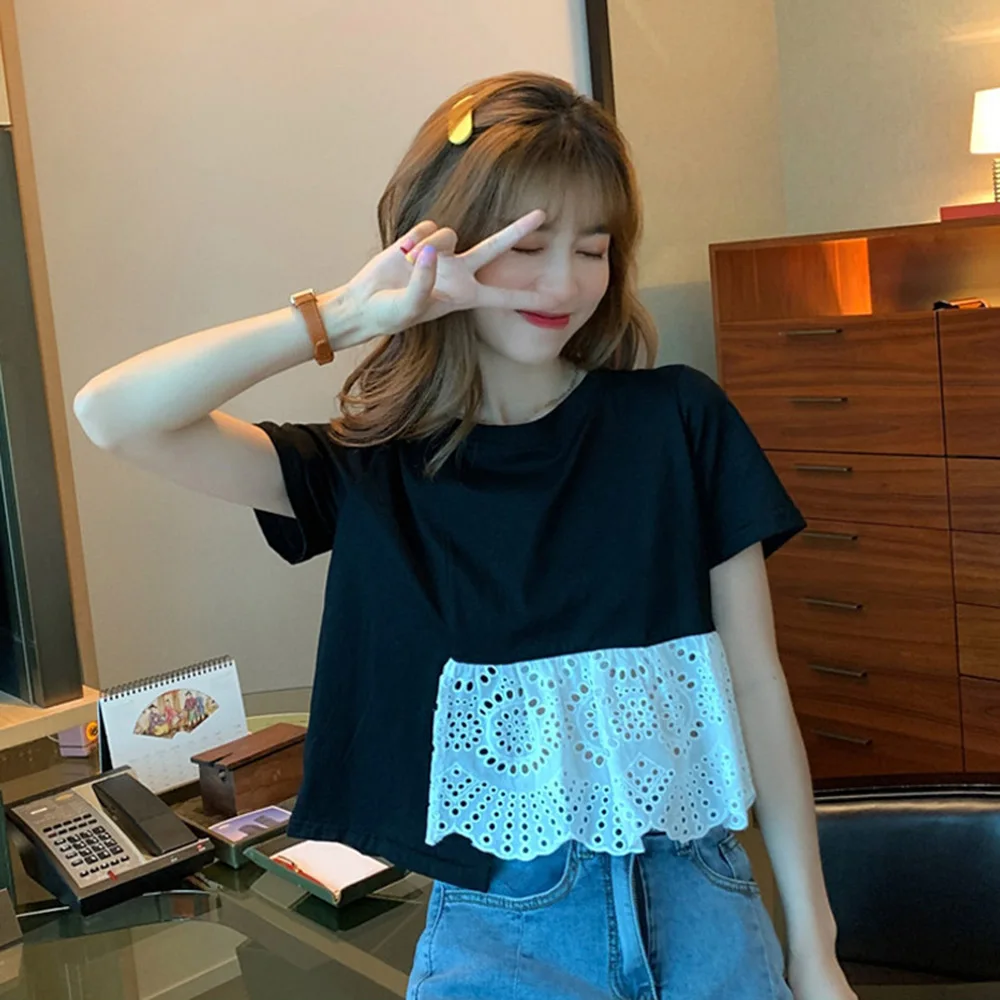 Women Casual T-Shirt Irregular Hollow Lace Top Young Girl 2021 Summer Fashion College Small Fresh Japan Korean Style Tee Sweet
Women Casual T-Shirt Irregular Hollow Lace Top Young Girl 2021 Summer Fashion College Small Fresh Japan Korean Style Tee Sweet