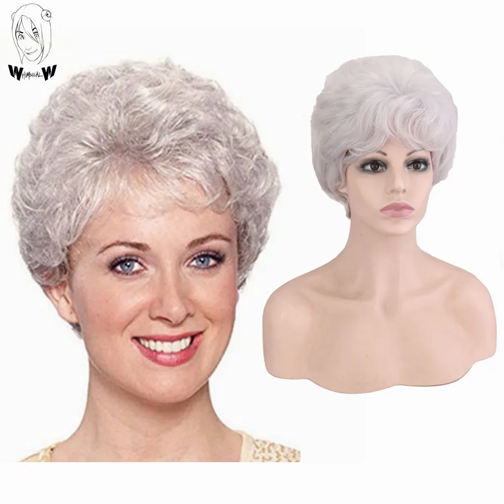 

WHIMSICAL W Women Layered Curly Puffy Wig Short Silver Grey White Ombre Synthetic Wigs With Bangs Wavy Hair