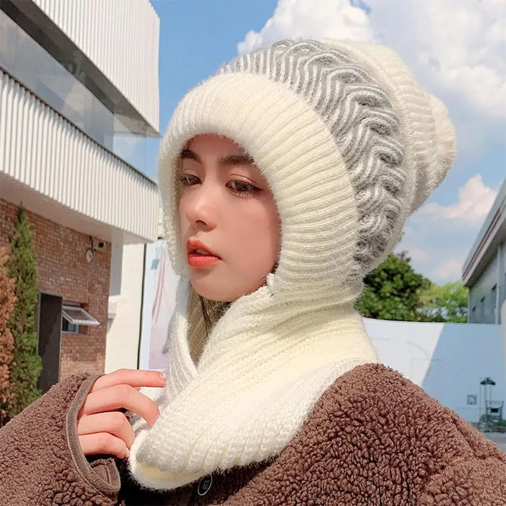 Фото Новинка Зима 2021 вязаная шерстяная шапка шарф один плюс бархатная плотная женская