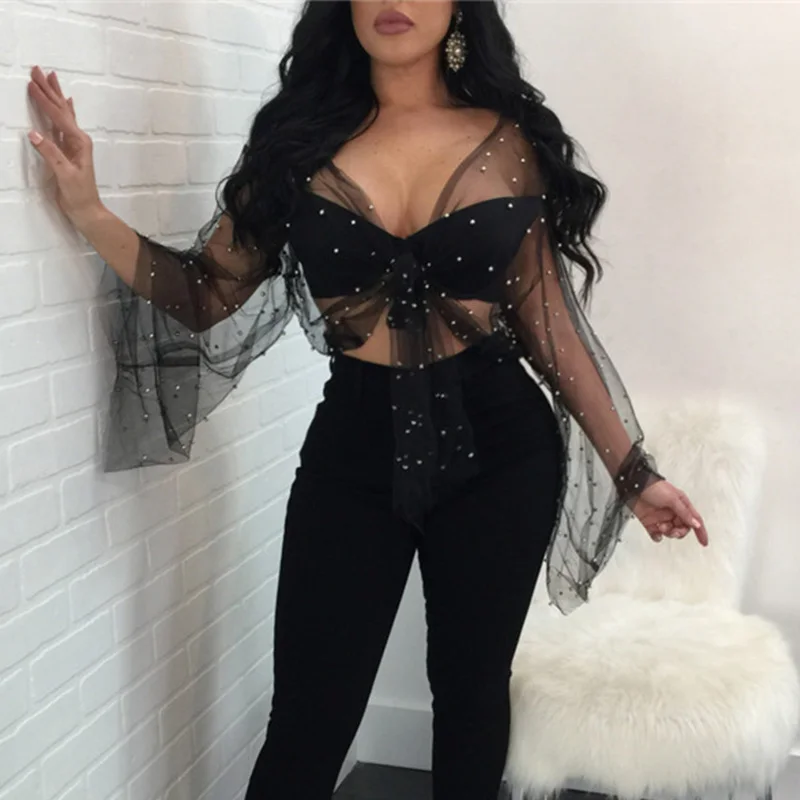 Black White Long Sleeve Sheer Blouse for Women Fashion Mesh Pearl Beading See-through Shirts Sexy Party Bow Tie Tops and Blouses
Black White Long Sleeve Sheer Blouse for Women Fashion Mesh Pearl Beading See-through Shirts Sexy Party Bow Tie Tops and Blouses