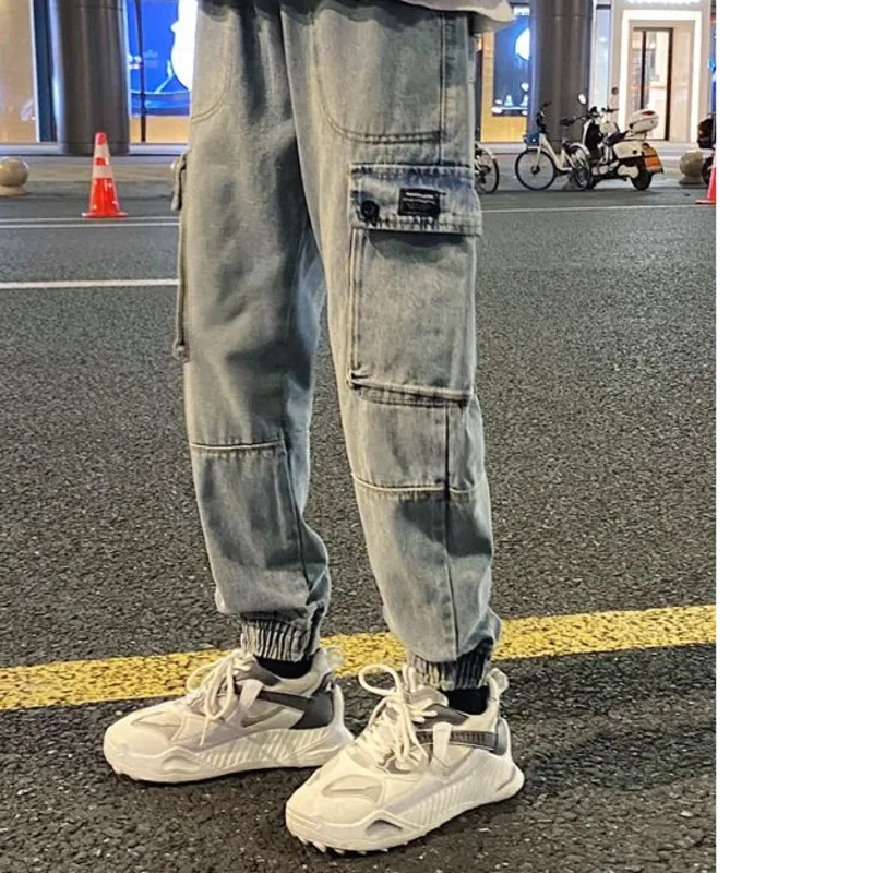 Men's jeans 2021 spring and winter new slim solid color tooling nine-point pants jeans loose casual young men's clothing