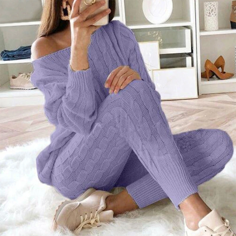 Women Autumn 2 Pieces Outfits Set Long Sleeve O-Neck Sweater Jumper Tops Pants Twist Cable Knitted Solid Color Tracksuit Loungew
Women Autumn 2 Pieces Outfits Set Long Sleeve O-Neck Sweater Jumper Tops Pants Twist Cable Knitted Solid Color Tracksuit Loungew
