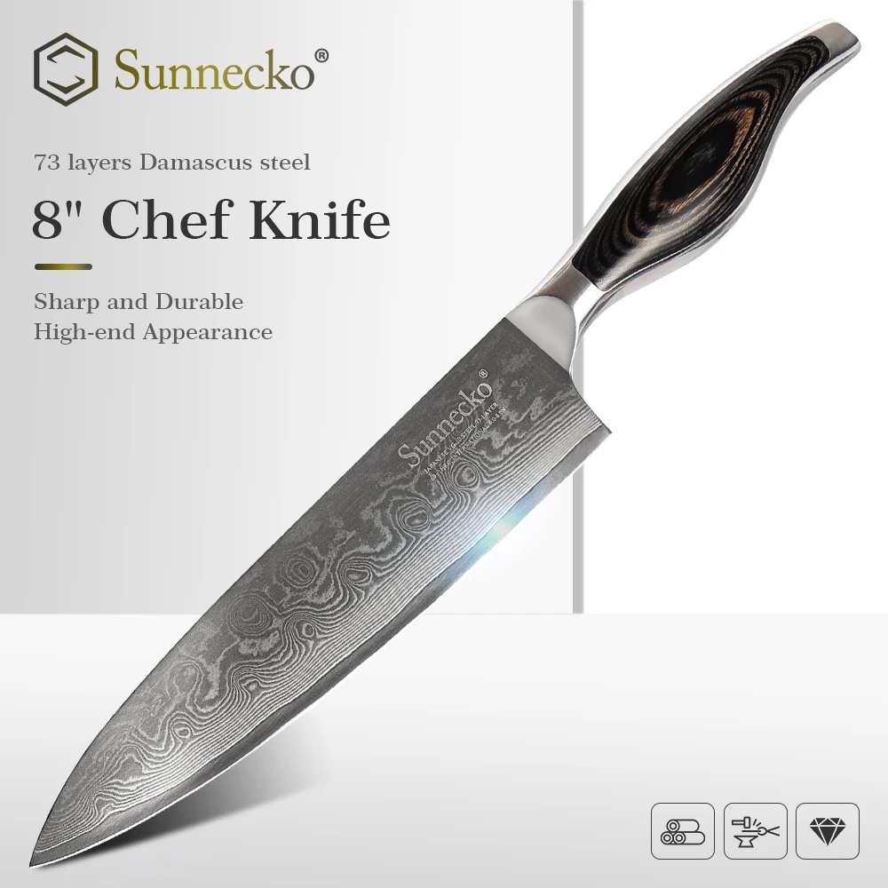

Нож шеф-повара SUNNECKO VG10, японское лезвие из дамасской стали 8 дюймов, острый прибор для резки мяса и фруктов, деревянная ручка Pakka