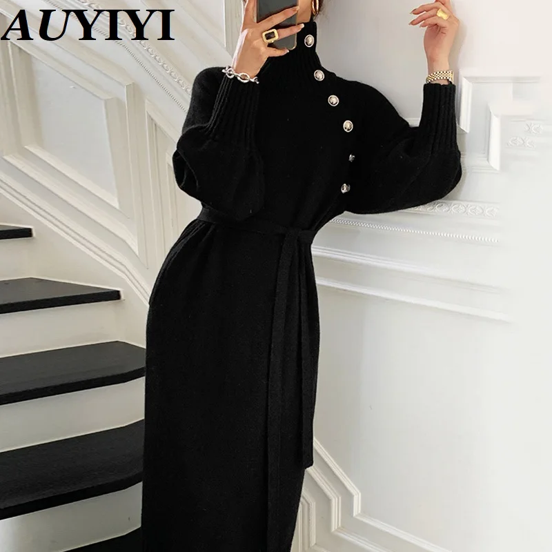 Winter Turtleneck Buttons Women Knitted Dress Elegant Full Sleeve Lace-up Female Thicken Long Dress for Sweater Autumn 2021 New
Winter Turtleneck Buttons Women Knitted Dress Elegant Full Sleeve Lace-up Female Thicken Long Dress for Sweater Autumn 2021 New