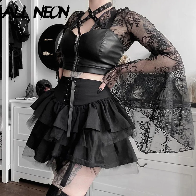 ALLNeon Mall гот Y2K шнуровка Высокая Талия юбки с оборками в стиле панк эстетика