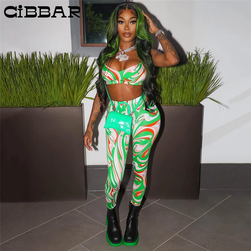 

CIBBAR Skinny Aesthetic Printing Two Piece Set Women Sleevelss Camisole+Elastic Waist Long Pants Matching Outfits Chic Clubwear